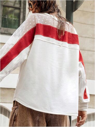 MakeMeChic Women's Color Block V Neck Oversized Sweatshirt Patchwork Mesh Long Sleeve Pullovers Top in Saudi Arabia