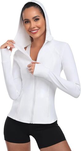 Women's Hooded Athletic Full Zip Workout Jacket With Pockets Running Slim Fit Yoga Sportwear With Thumb Holes in Saudi Arabia