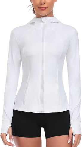 Women's Hooded Athletic Full Zip Workout Jacket With Pockets Running Slim Fit Yoga Sportwear With Thumb Holes in Saudi Arabia