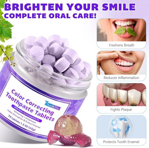 Purple Toothpaste Tablets,Flouride Free Toothpaste Tablets,Sensitive Toothpaste Tablets,Travel Toothpaste,Hydroxyapatite Toothpaste Tablets,Purple Whitening Toothpaste,(70PCS,Grape Flavors) in Kuwait