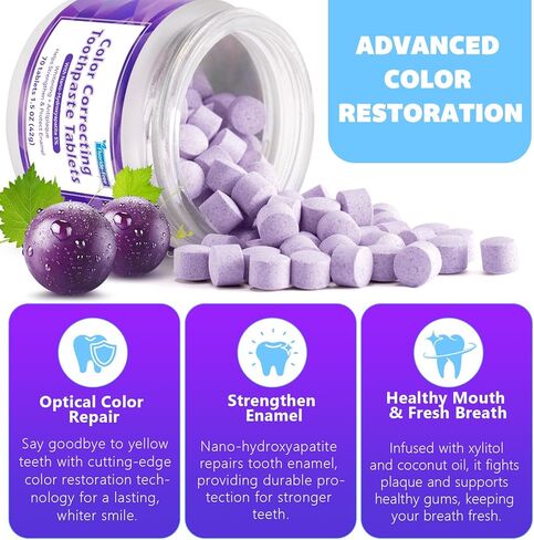 Purple Toothpaste Tablets,Flouride Free Toothpaste Tablets,Sensitive Toothpaste Tablets,Travel Toothpaste,Hydroxyapatite Toothpaste Tablets,Purple Whitening Toothpaste,(70PCS,Grape Flavors) in Kuwait