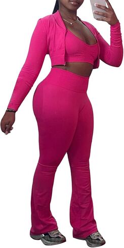 Molilove Women's 3 قطع التعرق مجموعة الدبابات أعلى سترة محصول السوستة وسروال الملاذ الطويل المسارات التمرين مجموعة الوردي المتوسطة in Kuwait