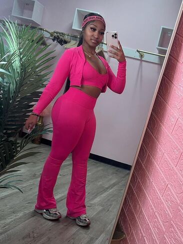 Molilove Women's 3 قطع التعرق مجموعة الدبابات أعلى سترة محصول السوستة وسروال الملاذ الطويل المسارات التمرين مجموعة الوردي المتوسطة in Kuwait