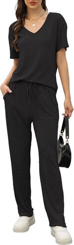 Women's Rib Knit Lounge Set, Short Sleeve Tracksuit Set Two Piece Sweatsuits Casual Loungewear Set Trousers Pajama Set in Saudi Arabia