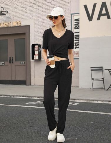 Women's Rib Knit Lounge Set, Short Sleeve Tracksuit Set Two Piece Sweatsuits Casual Loungewear Set Trousers Pajama Set in Saudi Arabia