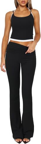Women's 2 Piece Lounge Sets Spaghetti Strap Crop Tank Fold Over Flare Pants Tracksuit Matching Sets Y2K Outfits in Saudi Arabia