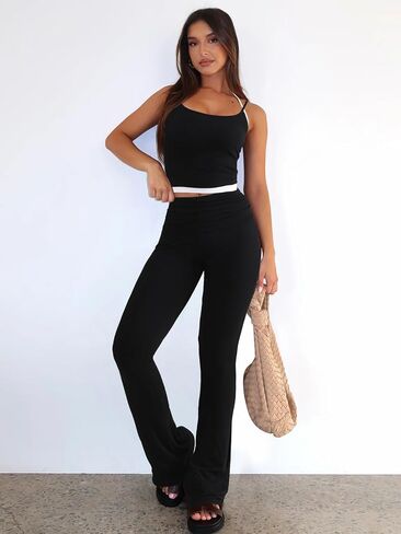 Women's 2 Piece Lounge Sets Spaghetti Strap Crop Tank Fold Over Flare Pants Tracksuit Matching Sets Y2K Outfits in Saudi Arabia