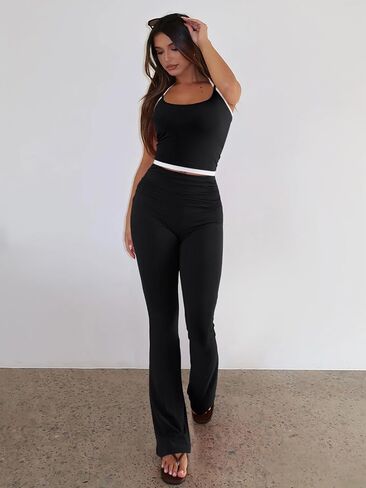 Women's 2 Piece Lounge Sets Spaghetti Strap Crop Tank Fold Over Flare Pants Tracksuit Matching Sets Y2K Outfits in Saudi Arabia