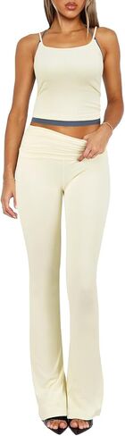 Women's 2 Piece Lounge Sets Spaghetti Strap Crop Tank Fold Over Flare Pants Tracksuit Matching Sets Y2K Outfits in Saudi Arabia