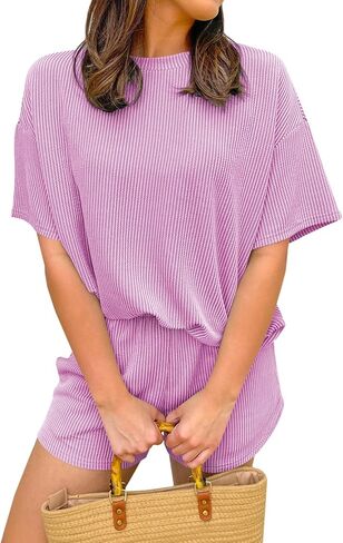 مجموعات Miduo Womens 2 قطعة مضلعة محاكمة متماسكة غير رسمية قصيرة الأكمام قصيرة القمصان in Kuwait