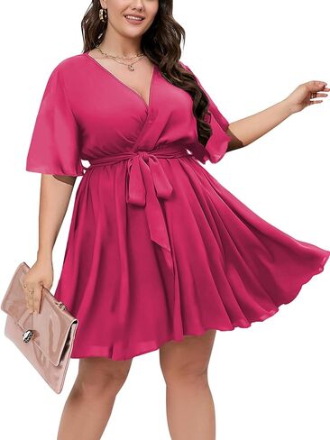 SCOMCHIC Women's Plus Size Summer Dresses Short Sleeve Wrap V Neck A Line Skater Mini Short Dress XL-4XL in Kuwait