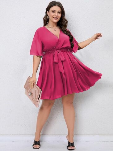 SCOMCHIC Women's Plus Size Summer Dresses Short Sleeve Wrap V Neck A Line Skater Mini Short Dress XL-4XL in Kuwait