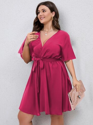 SCOMCHIC Women's Plus Size Summer Dresses Short Sleeve Wrap V Neck A Line Skater Mini Short Dress XL-4XL in Kuwait