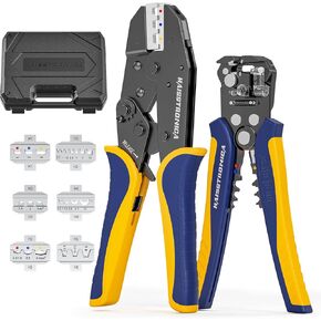 haisstronica 6 in 1 Crimping Tool Kit and Wire Stripper, Ratcheting Wire Crimper with 6 PCS Interchangeable Dies for Heat Shrink,Non-Insulated,Ferrule,Open Barrel,Insulated Connectors, men tool gifts