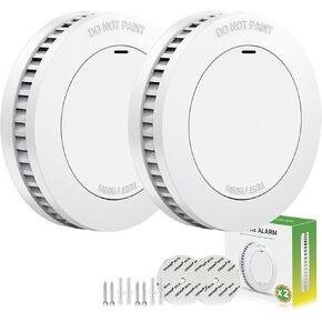 Smoke Detector 10-Year Battery，No False Alarms Without Flashing LED，Photoelectric Smoke Detector，Adhesive Fire Detectors with Silent Button （White 2 Piece）