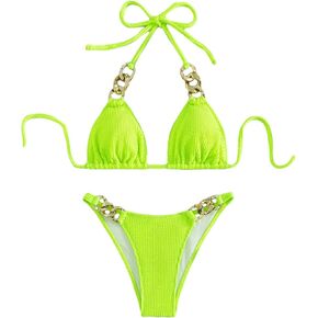 WDIRARA Women's 2 Piece Solid Textured Halter Swimwear Set Chain Linked Triangle Bikini Swimsuit Sets Bathing Suit