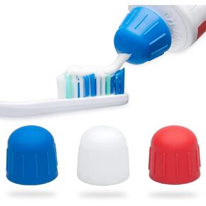 Toothpaste Topper, Self Closing Toothpaste Cap Dispenser, Self Cleaning Toothpaste Caps Top, Zero Waste Cap, Red White and Blue Silicone Toothpaste Cap