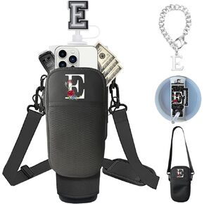 Initial Water Bottle Carrier with Strap for Stanley Tumbler Accessories 40oz 30oz, Stanley Cup Holder with Purse, Charms & Name Plate for Lid & Straw Toppers, Graduation Gifts (H, Black)
