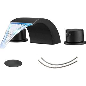 Homevacious Matte Black LED Widespread Bathroom Faucet 3 Hole 8 Inch Waterfall Bathroom Sink Faucet 2 Handle Faucets with Pop Up Drain and Faucet Supply Hose Modern Commercial Mixer Tap