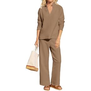 ANRABESS Lounge Sets for Women 2 Piece Outfits Sweatsuit Set Fall V Neck Sweatshirts Wide Leg Pants Tracksuits Orange Medium