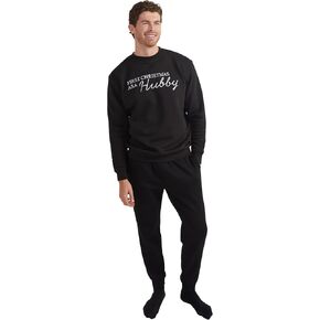 First Christmas as a Hubby Sweatshirt, Black Crew Neck with White Embroidery, Regular Fit, Cozy Soft-Touch Brushed Fleece