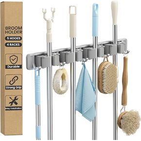 KORCCI Broom Holder Mop Hanger Wall Mount - Wall Mounted Metal Tool Organizer, Utility Rack for Garage Storage Home Laundry Room Kitchen Closet Shed Garden With 4 Racks 5 Hooks