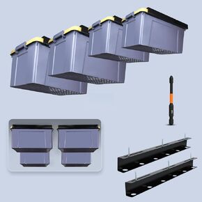 TOPOWN Garage Ceiling Bin Storage Rack, Heavy Duty Tote Slide Garage Storage System, Garage Ceiling Bin Storage Rack, Overhead Tote Storage Rail System, Overhead Tote Storage Rail System (for 4 Bins)