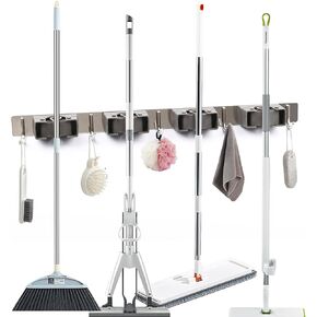 KZKR Mop Clip Holder, Mop and Broom Hanger, 4 Racks and 5 Hooks Wall Mount Organizer Mop and Broom Storage Tool Rack Stainless Steel Heavy Duty Hooks for Home Kitchen Garden Laundry Garage