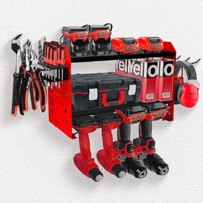Power Tool Organizer Wall Mount, Utility Racks with 4 Drill Holder for Garage Organization, Drill Holder Wall Mount with 2 Side Pegboards with Hooks, Tool Shelf with Screwdriver/Plier/Hammer