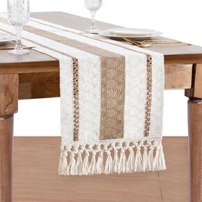 B-COOL Boho Table Runner Farmhouse Runners: Burlap Table Runner 72 Inches Long Rustic Table Runner with Tassels for Home Decor Living Room New Year Table Decoration (Cream & Brown)