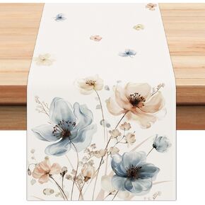 Bonhause Watercolor Floral Table Runner 13x72 Inch Blue Brown Flowers Seasonal Summer Spring Kitchen Dinning Table Decoration for Indoor Outdoor Home Party Decor