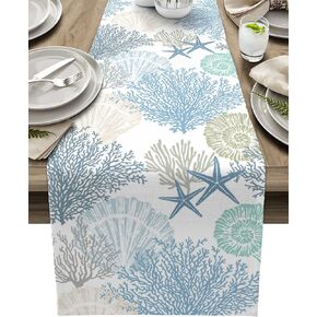 Nautical Coastal Table Runners Ocean Beach Coral Table Runners for Dining Room Starfish Blue Teal Dinner Runner Kitchen Indoor Outdoor Patio Party Decor, 13x90 Inch