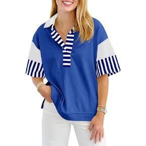 Fisoew Womens Color Block Sweatshirts Casual Short Sleeve Collared V Neck Slit Loose Summer T Shirts