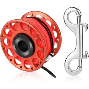 Scuba Diving Reel, Large Spinning Spool Finger Reel with Double-Ended Bolt Snap Clip with 30m/100ft High Visibility Line Aluminum Dive Reel for Wreck Cave Diving Spearfishing Fishing (Red Reel)
