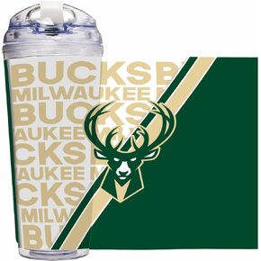 Rico Industries NBA Basketball Milwaukee Bucks 24oz tumbler مع غطاء مفصلي ، مرخص رسميًا من البهلوان المزدوج الجدار مع القش