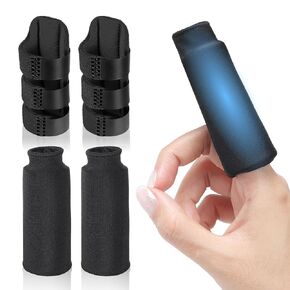 Trigger Finger Splint and Finger Ice Pack, 2+2 Set, Reusable Finger Ice Sleeves for Pain Relief, Finger Brace Fits for Middle/Ring/Index/Pinky Finger- Left and Right Hand, Black, 4pcs