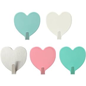 AKOAK Heart Stainless Steel Self-Adhesive Wall Hook, No Drilling, No Nail Damage, Waterproof Reusable Hook for Home Bathroom Kitchen Refrigerator Door, Pack of 5