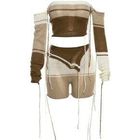 Sexy Cute two 2 piece short set women knitted long sleeve stretch sweater women's Sets outfits