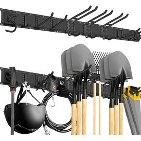 “48" Adjustable Garage Wall Tool Organizer - Full-length bracket for garage storage with 3 tool hooks, 2 double hooks, 2 single hooks and 3 rails in heavy-duty construction,tool organizer