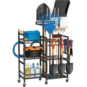 NADAMOO Garden Tool Organizer with Rolling Wheel, 3-tier Metal Shelf Yard Tool Holder, Utility Stand Rack for Garage Organization and Storage, Hold Long-Handled Rakes, Shovel, Broom