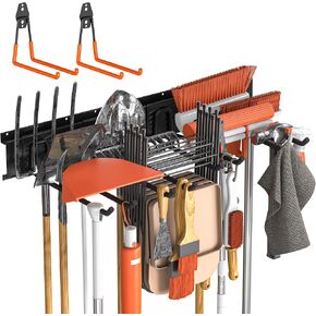 Garage Tool Organizers Wall Mount Tool Storage Rack, 32 Inch Heavy Duty Garden Tool Rack Adjustable Hooks Holds 330LBS Lawn Tool Organizer for Garage Yard Rake Broom Snowboard Tools Storge