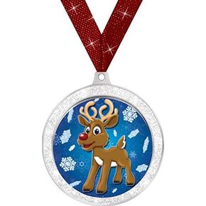 Crown Awards Christmas Medals - 2 1/2" Silver Glitter Reindeer Medal with Red Metallic Neck Ribbon Prime