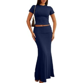 AYWA Skirt Sets for Women Fitted Short Sleeve Crew Neck T Shirt Fold Over Maxi Shirt Casual Matching Sets