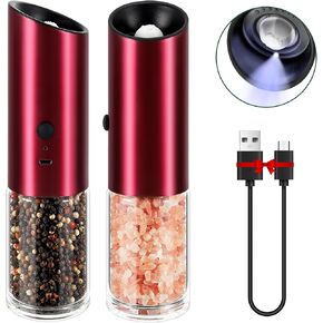 Vzaahu Gravity Electric Pepper and Salt Grinder Set of 2 - Rechargeable, Refillable, Adjustable Coarseness, Stainless Steel Seasalt Peppermill with LED light - One Hand Operation (Red)