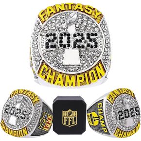 Fantasy Football Ring 2025 With Box | Heavy FFL Championship Ring | Gold Silver Tone Plated Award Trophy for Fantasy Football League Winner