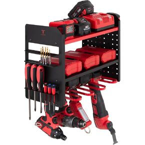 Power Tool Organizer - Wall Mount Storage for Garage Organizes 4 Cordless Drills & Tools - Heavy Duty Rack w Pegboard Sides Shelves & Hooks - Neatly Holds Screwdrivers & Drill Bits RED/BLACK