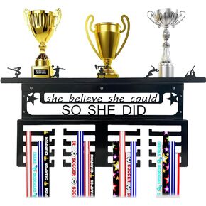 Medal Trophy Holder- 15.7x 9.4 Inch 4 Rows Medal Hanger Display with Shelf Medal Holder and Trophy Display Hanger Rack Frame for wall Displaying Over 100 Medals For Gymanstics,Race,Soccer,Swim