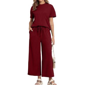 COSSEN Women's 2 Piece Summer Outfits 2025 Short Sleeve Tops Wide Leg Crop Pant Sets Casual Tracksuit