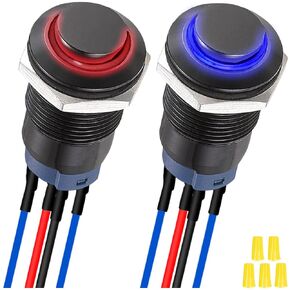 2Pcs 12mm Latching Red/Blue LED Push Button Switch Black Metal Shell IP65 Waterproof 12V 24V 3A DC SPST 2Position Self-Locking ON Off Switch with Pre-Wired Wires & Wiring Cap for Car Boat
