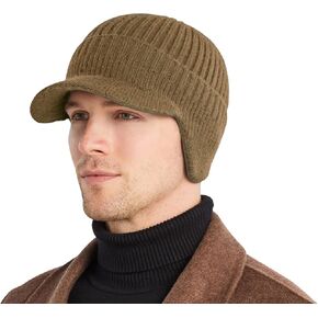 Men's Winter Hat with Brim, Warm Earflaps Hat for Men, Thick Fleece Lined Knit Winter Beanie Outdoor